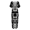 Black And White Damask Pattern Print Short Sleeve Long Nightdress