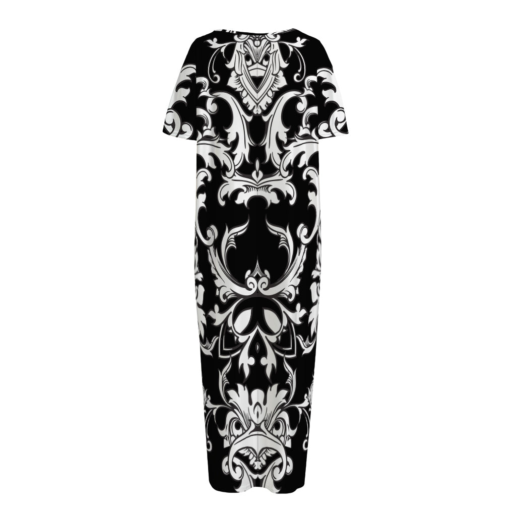 Black And White Damask Pattern Print Short Sleeve Long Nightdress