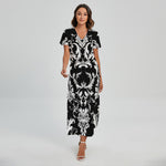 Black And White Damask Pattern Print Short Sleeve Maxi Dress