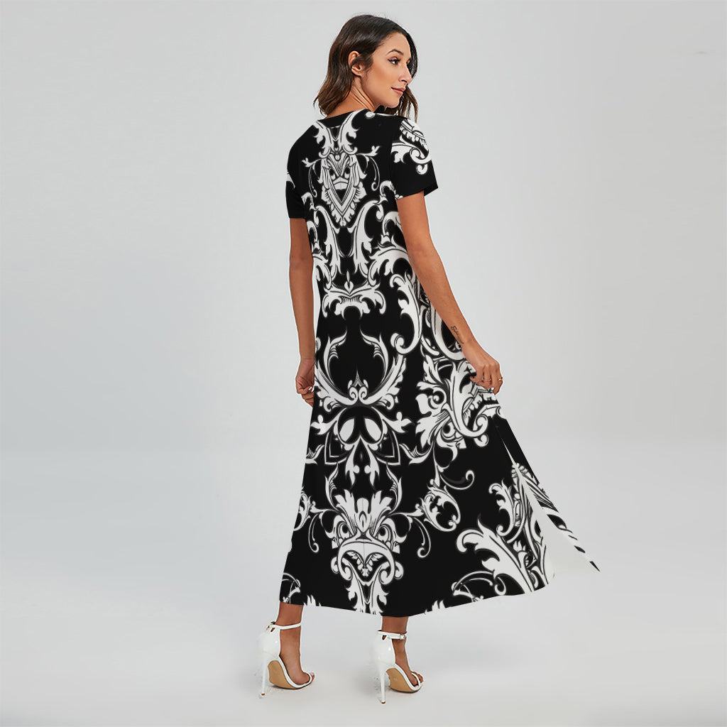 Black And White Damask Pattern Print Short Sleeve Maxi Dress