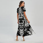 Black And White Damask Pattern Print Short Sleeve Maxi Dress