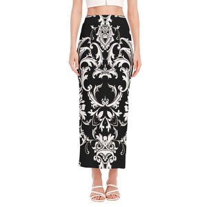 Black And White Damask Pattern Print Side Slit Maxi Skirt