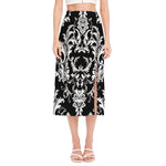 Black And White Damask Pattern Print Side Slit Midi Skirt