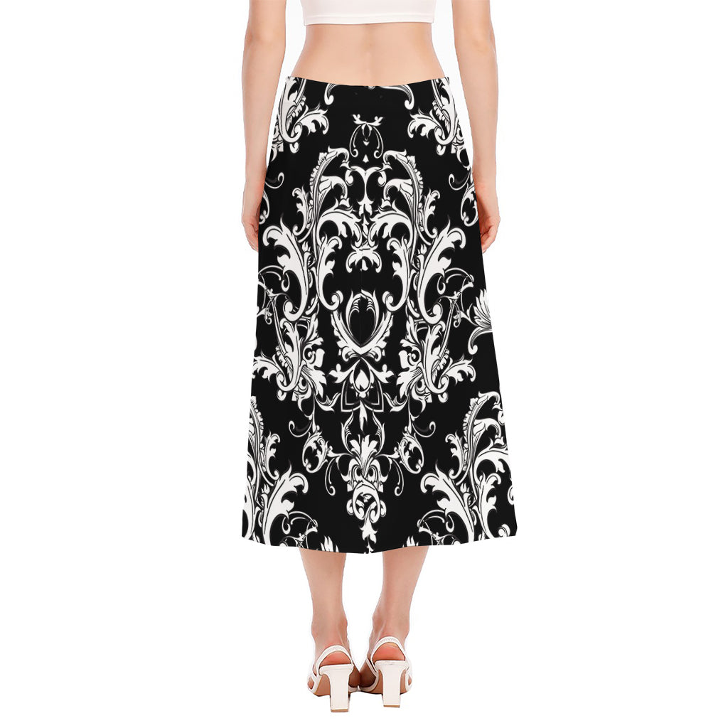 Black And White Damask Pattern Print Side Slit Midi Skirt