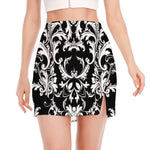 Black And White Damask Pattern Print Side Slit Mini Skirt