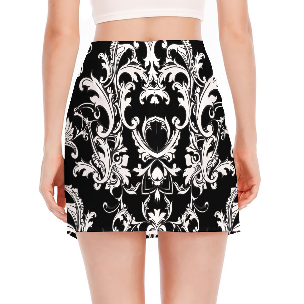 Black And White Damask Pattern Print Side Slit Mini Skirt