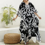 Black And White Damask Pattern Print Silk V-Neck Kaftan Dress