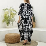 Black And White Damask Pattern Print Silk V-Neck Kaftan Dress