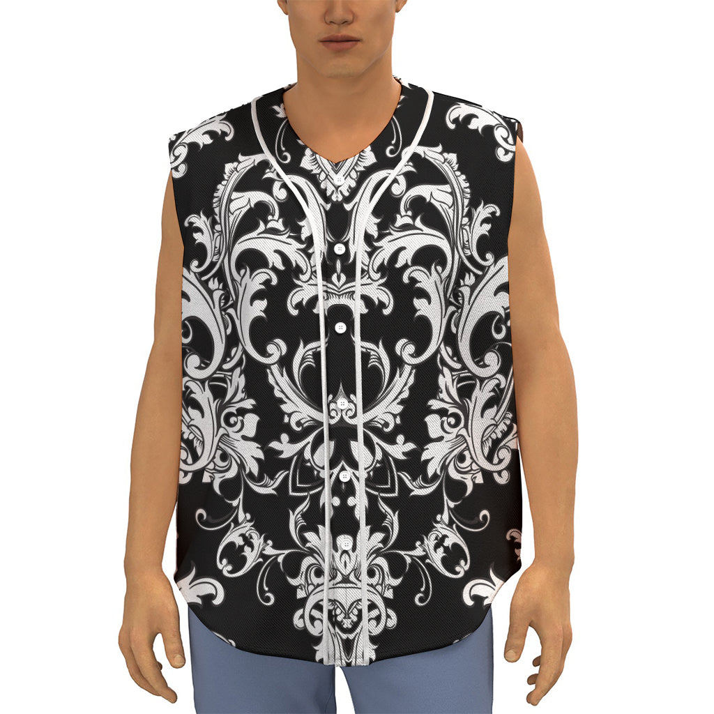 Black And White Damask Pattern Print Sleeveless Baseball Jersey