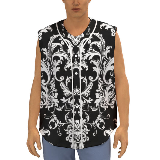 Black And White Damask Pattern Print Sleeveless Baseball Jersey