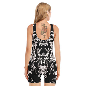 Black And White Damask Pattern Print Sleeveless One Piece Swimsuit