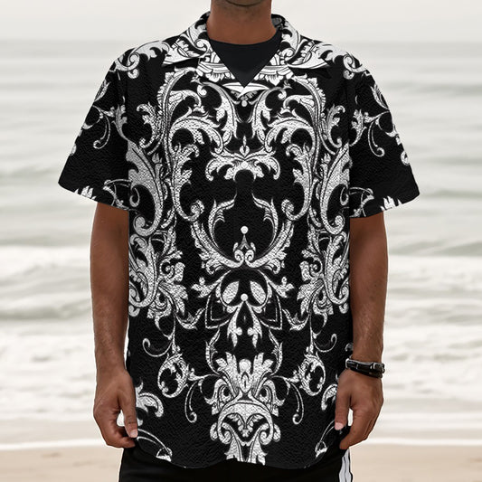 Black And White Damask Pattern Print Textured Short Sleeve Shirt