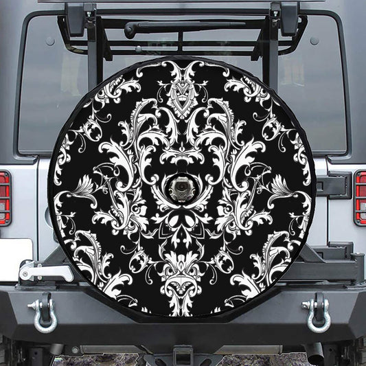 Black And White Damask Pattern Print Tire Cover With Camera Hole