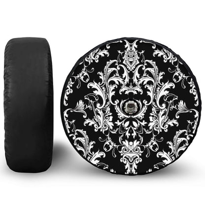 Black And White Damask Pattern Print Tire Cover With Camera Hole
