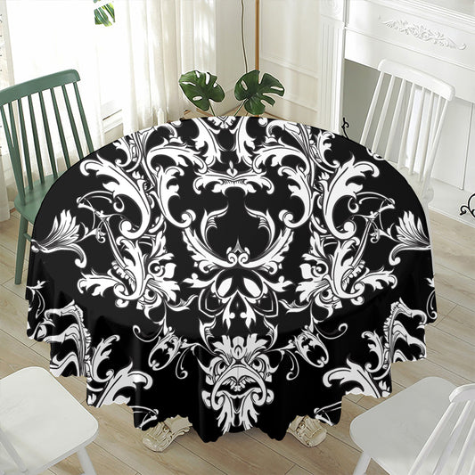 Black And White Damask Pattern Print Waterproof Round Tablecloth