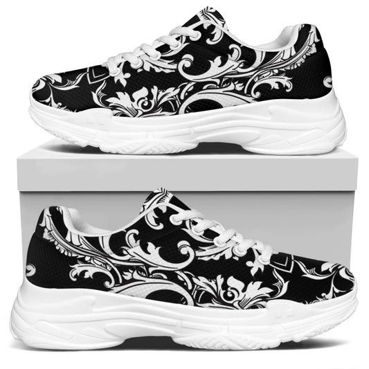 Black And White Damask Pattern Print White Chunky Shoes