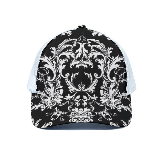 Black And White Damask Pattern Print White Mesh Trucker Cap