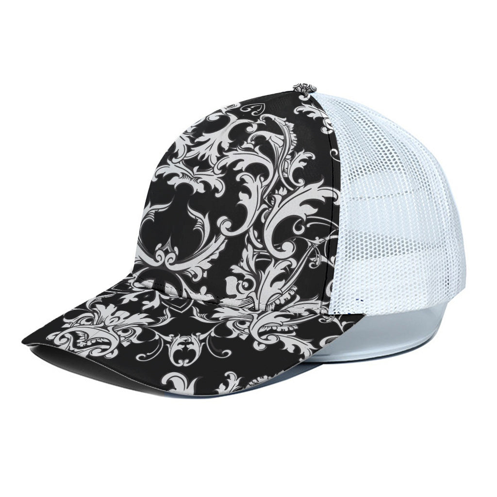 Black And White Damask Pattern Print White Mesh Trucker Cap