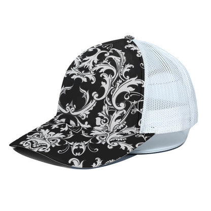Black And White Damask Pattern Print White Mesh Trucker Cap