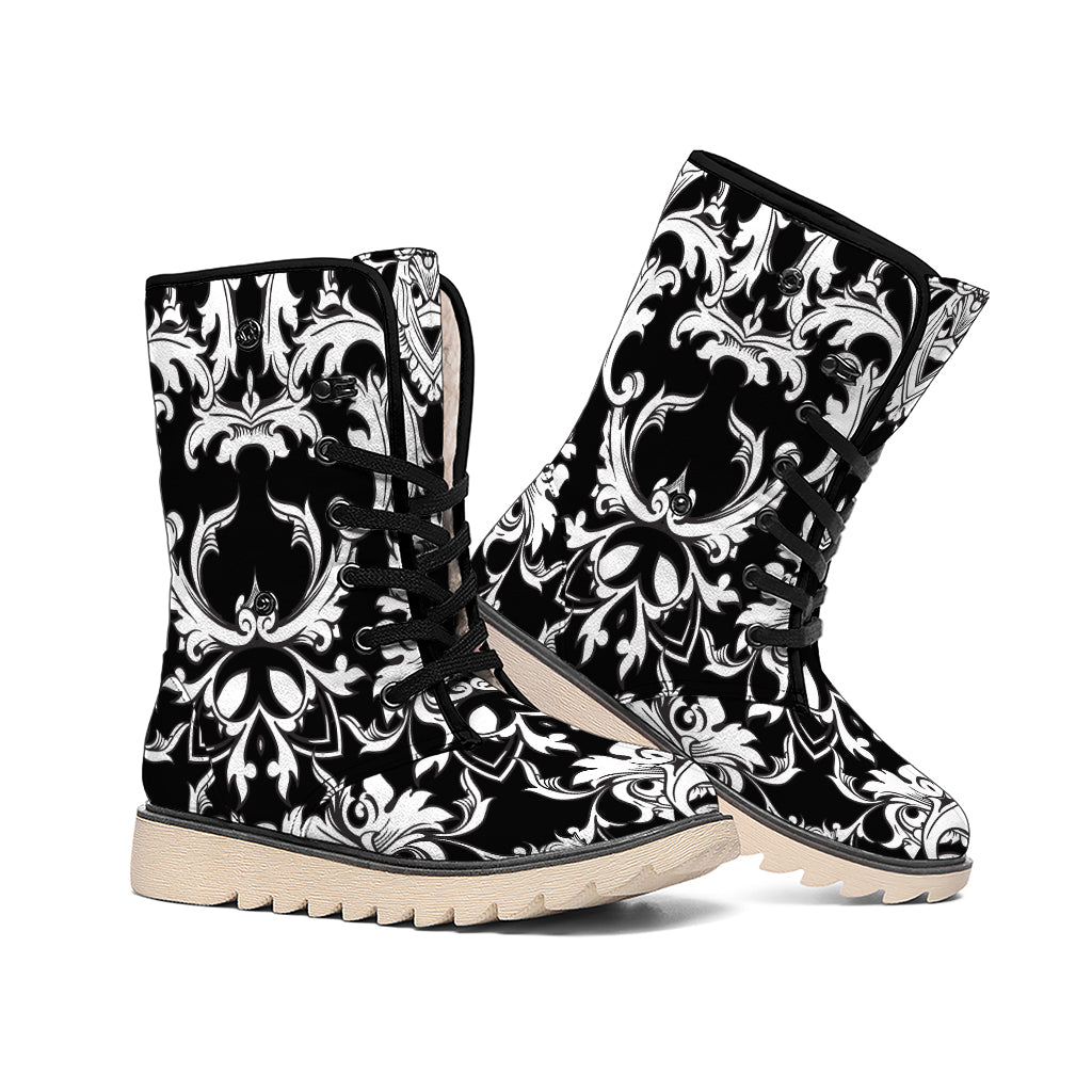 Black And White Damask Pattern Print Winter Boots