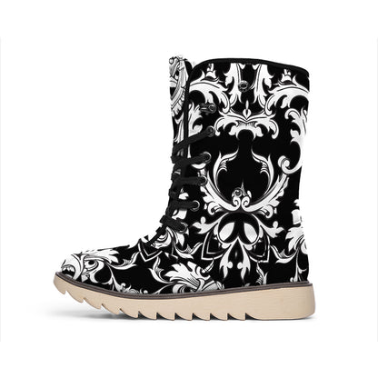 Black And White Damask Pattern Print Winter Boots