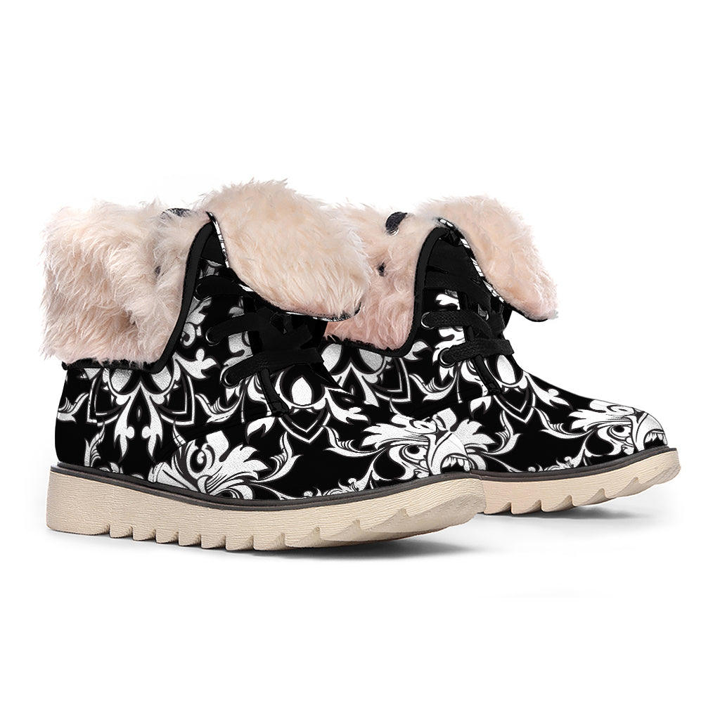 Black And White Damask Pattern Print Winter Boots