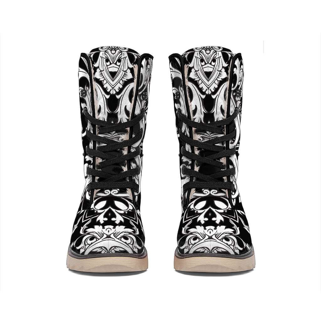 Black And White Damask Pattern Print Winter Boots