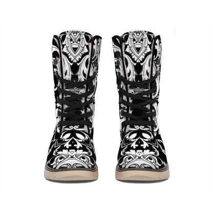 Black And White Damask Pattern Print Winter Boots