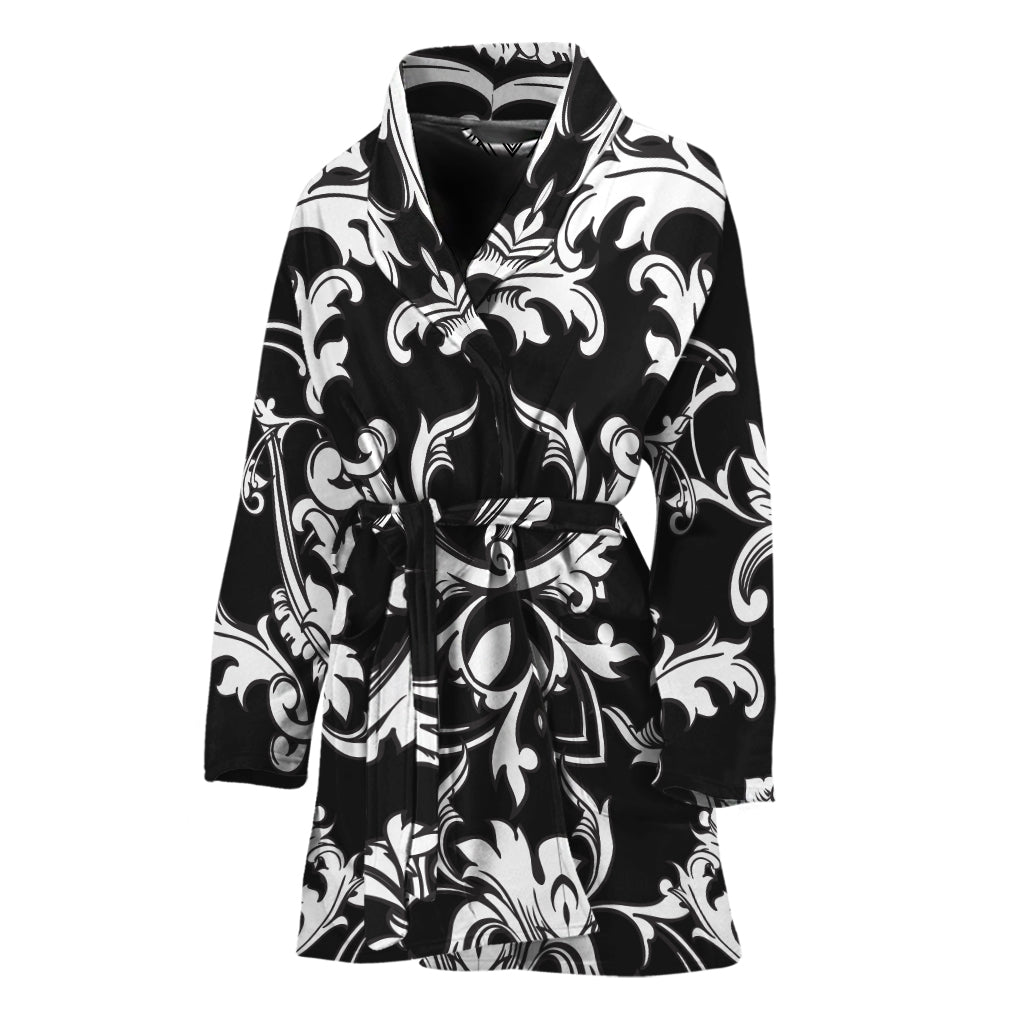 Black And White Damask Pattern Print Women's Bathrobe