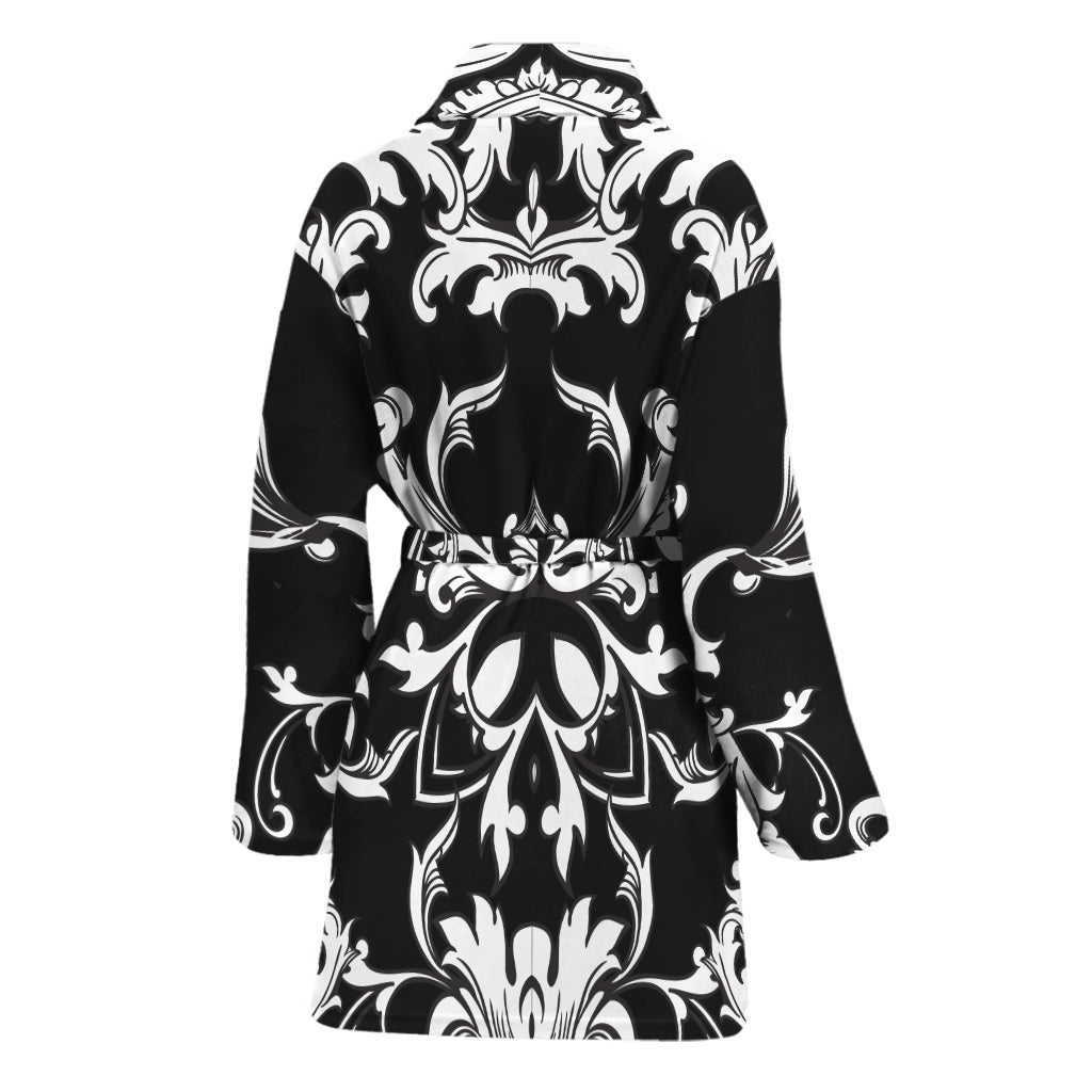 Black And White Damask Pattern Print Women's Bathrobe