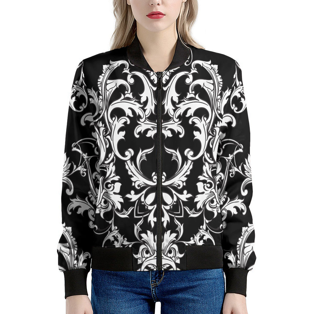 Black And White Damask Pattern Print Women's Bomber Jacket