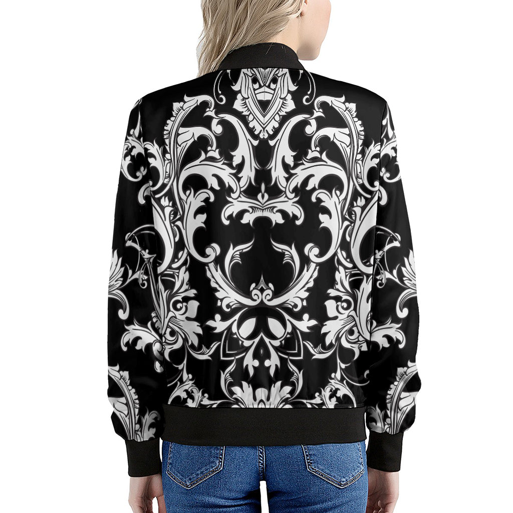Black And White Damask Pattern Print Women's Bomber Jacket