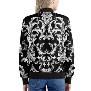Black And White Damask Pattern Print Women's Bomber Jacket