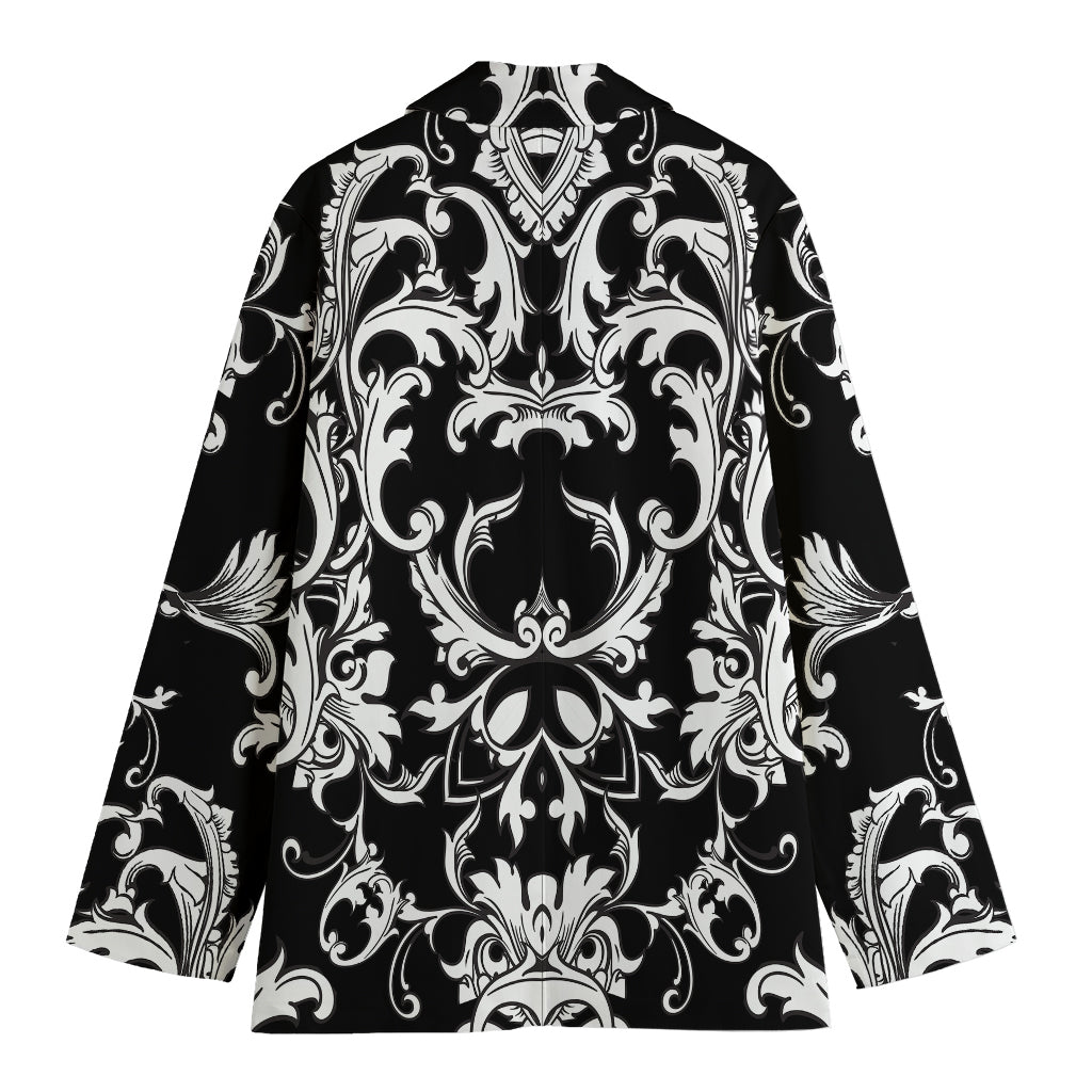 Black And White Damask Pattern Print Women's Cotton Blazer