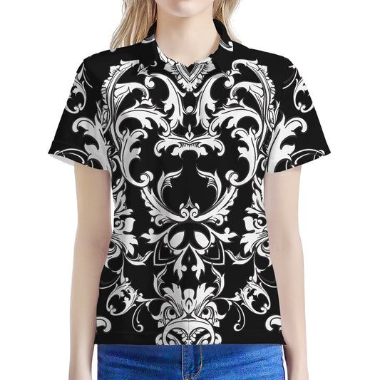 Black And White Damask Pattern Print Women's Polo Shirt