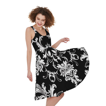 Black And White Damask Pattern Print Women's Sleeveless Dress