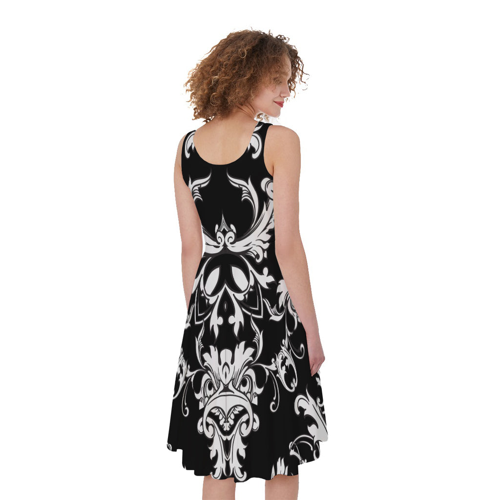 Black And White Damask Pattern Print Women's Sleeveless Dress