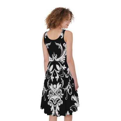 Black And White Damask Pattern Print Women's Sleeveless Dress