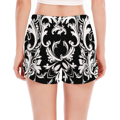 Black And White Damask Pattern Print Women's Split Running Shorts