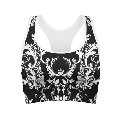 Black And White Damask Pattern Print Women's Sports Bra
