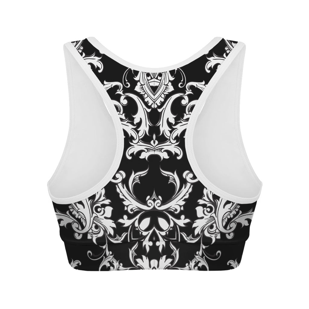 Black And White Damask Pattern Print Women's Sports Bra