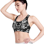 Black And White Damask Pattern Print Women's Sports Bra
