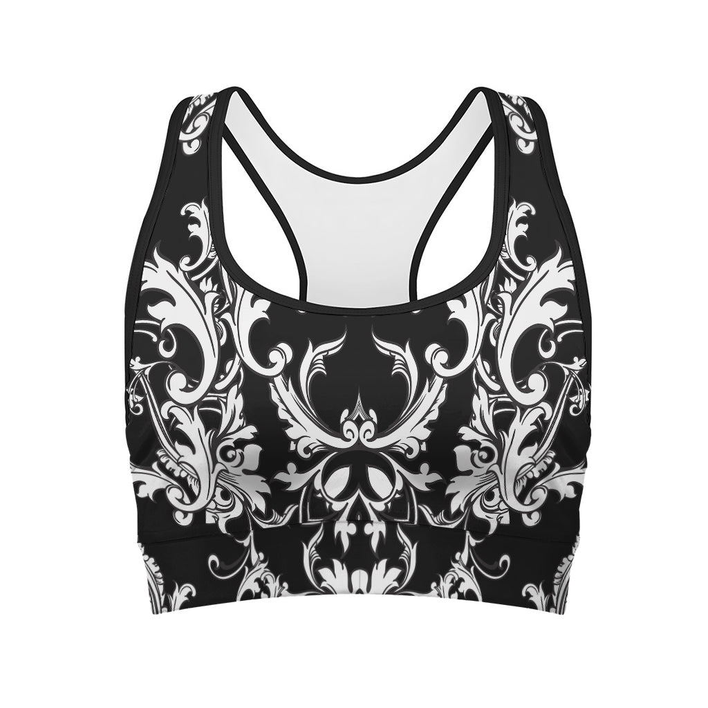 Black And White Damask Pattern Print Women's Sports Bra