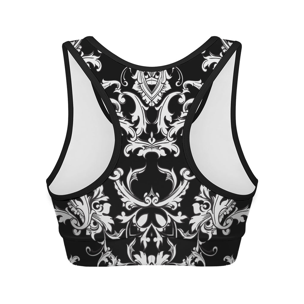 Black And White Damask Pattern Print Women's Sports Bra