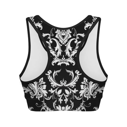 Black And White Damask Pattern Print Women's Sports Bra