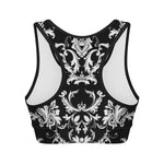 Black And White Damask Pattern Print Women's Sports Bra