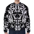 Black And White Damask Pattern Print Zip Sleeve Bomber Jacket
