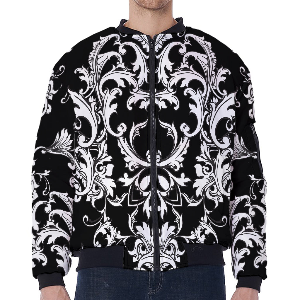 Black And White Damask Pattern Print Zip Sleeve Bomber Jacket