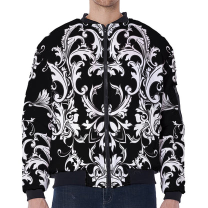 Black And White Damask Pattern Print Zip Sleeve Bomber Jacket