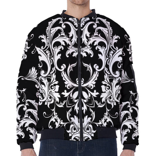 Black And White Damask Pattern Print Zip Sleeve Bomber Jacket